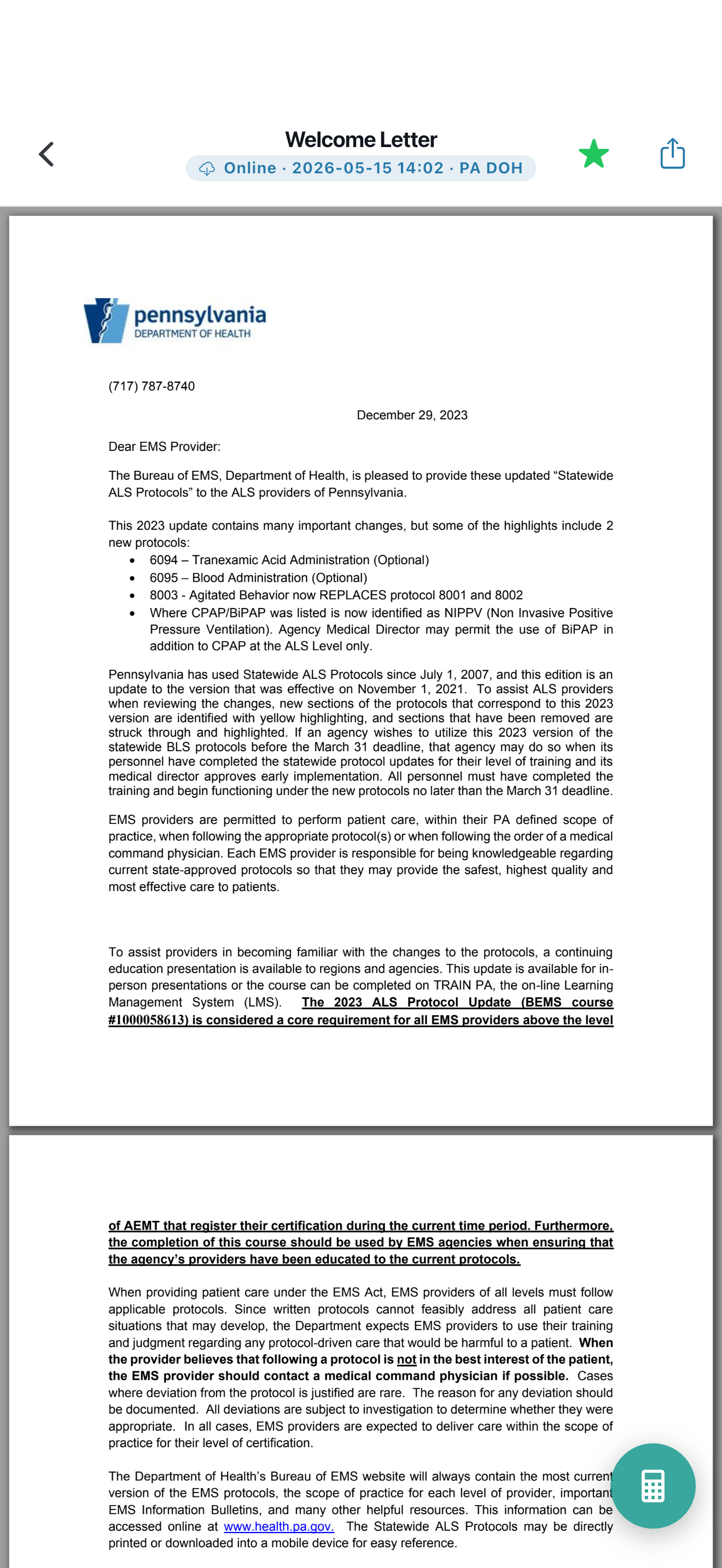 PA EMS Protocols Welcome ALS (Light mode)